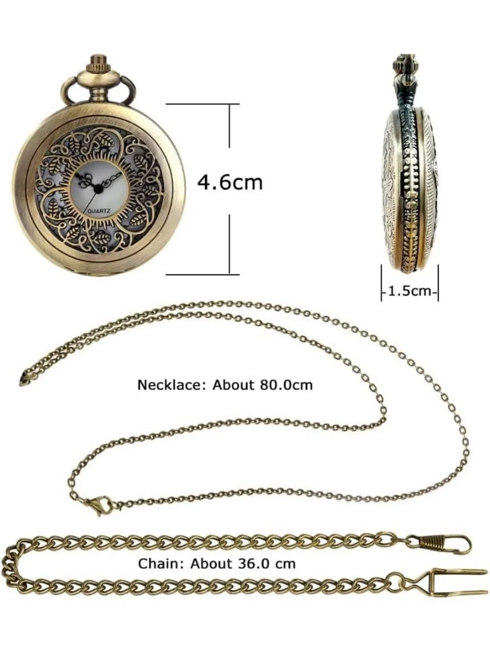 Men's White Vintage Chain Quartz Bronze Leaves Necklace Halloween Pocket Watch